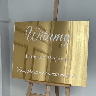Lustrzana tablica powitalna na wesele 80x60 cm w kolorze złotym z personalizacją imion
