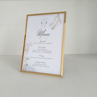 Przezroczysty stojak ekspozycyjny A5 z ozdobną ramką w kolorze złotym do prezentacji menu lub informacji