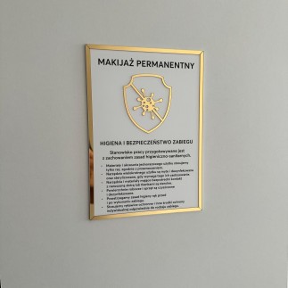 Tabliczka informacyjna – Makijaż permanentny, na taśmę 3M VHB, biało-złota