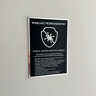 Tabliczka informacyjna – Makijaż permanentny, na taśmę 3M VHB, czarno-srebrna