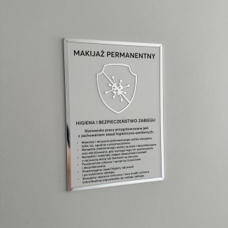Tabliczka informacyjna – Makijaż permanentny, na taśmę 3M VHB, biało-srebrna