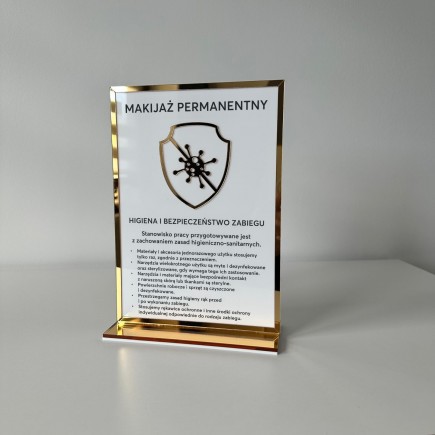 Tabliczka informacyjna – Sterylizacja narzędzi - Makijaż permanentny - z podstawką