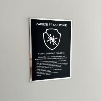 Tabliczka informacyjna – Zabiegi fryzjerskie, na taśmę 3M VHB, czarno-srebrna