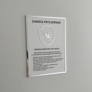 Tabliczka informacyjna – Zabiegi fryzjerskie, na taśmę 3M VHB, biało-srebrna