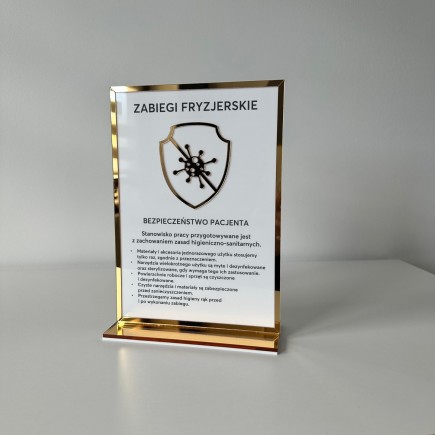 Tabliczka informacyjna – Zabiegi fryzjerskie, z podstawką, biało-złota