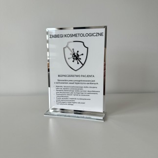 Tabliczka informacyjna – Zabiegi kosmetologiczne, z podstawką, biało-srebrna