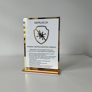 Tabliczka informacyjna – Depilacja, z podstawką, biało-złota