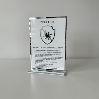 Tabliczka informacyjna – Depilacja, z podstawką, biało-srebrna