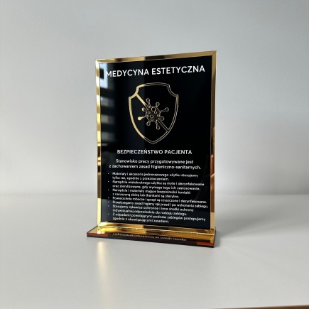Tabliczka informacyjna – Sterylizacja narzędzi - Medycyna estetyczna - z podstawką