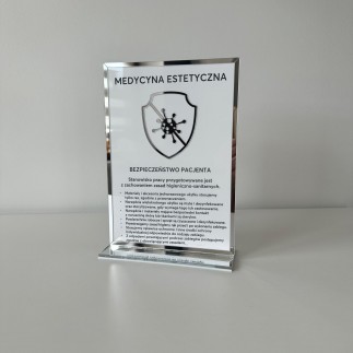 Tabliczka informacyjna – Medycyna estetyczna, z podstawką, biało-srebrna