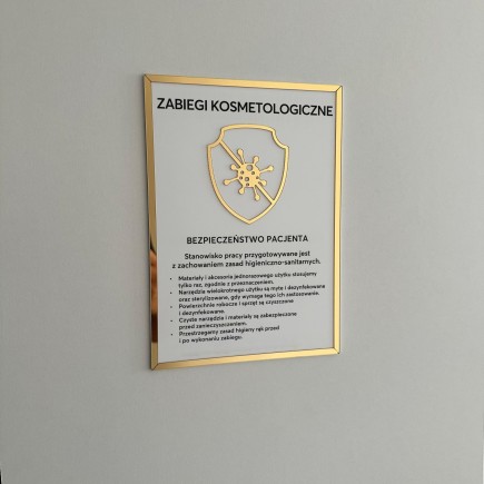Tabliczka informacyjna – Zabiegi kosmetologiczne, na taśmę 3M VHB, biało-złota