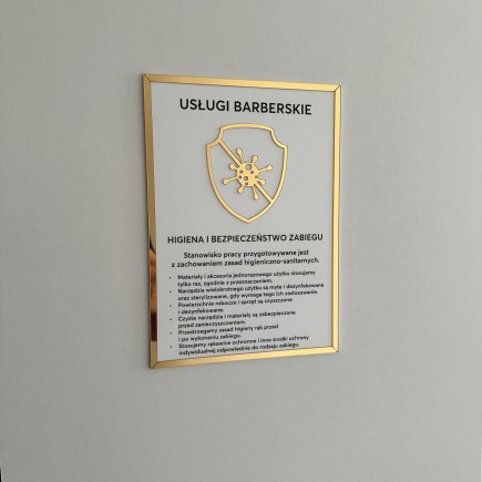 Tabliczka informacyjna – Usługi barberskie, na taśmę 3M VHB, biało-złota
