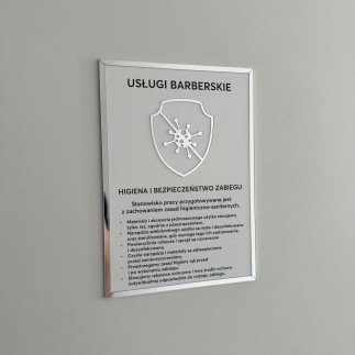 Tabliczka informacyjna – Usługi barberskie, na taśmę 3M VHB, biało-srebrna