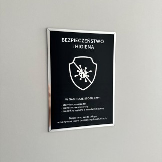 Tabliczka informacyjna – Sterylizacja narzędzi V1 przyklejana – czarno-srebrna