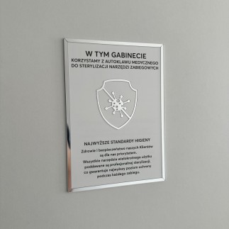 Tabliczka informacyjna – Sterylizacja narzędzi V2 przyklejana – biało-srebrna