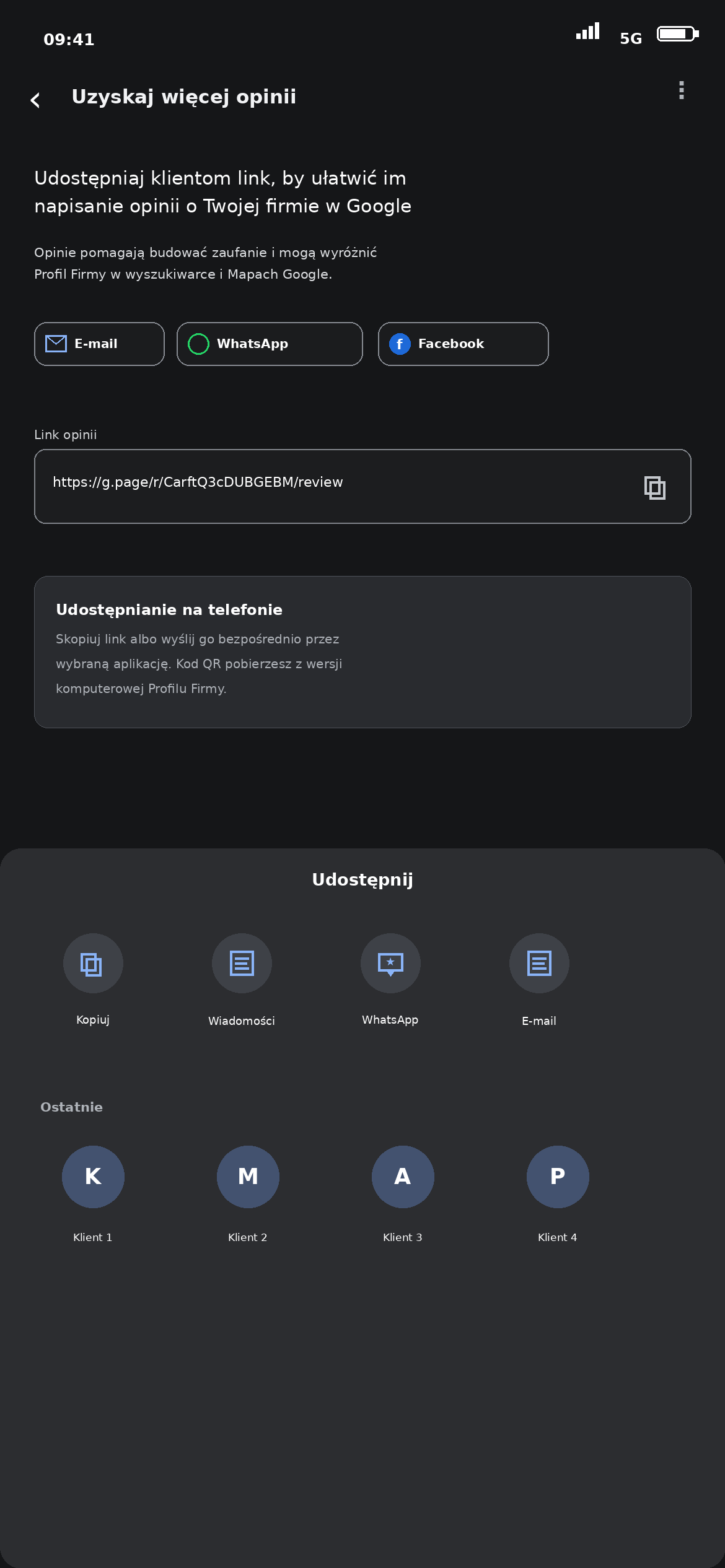 Telefon – kopiowanie i udostępnianie linku do opinii Google