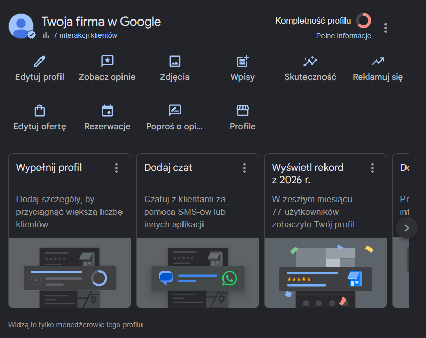 Panel Profilu Firmy Google na komputerze