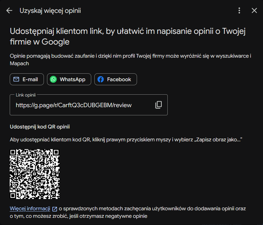 Google – ekran Uzyskaj więcej opinii z linkiem i kodem QR