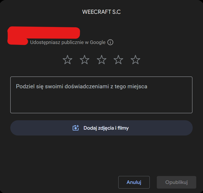 Formularz wystawienia opinii Google po otwarciu linku
